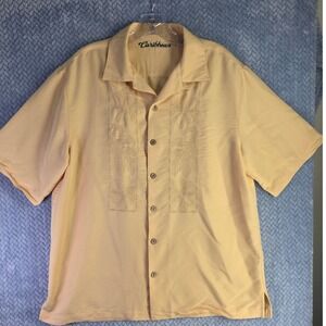 Caribbean Mens Yellow Embroidered Guayabera Camp Shirt Rayon Blend Medium